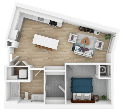 Floor plan for 1 bed, 1 bath, 630 sqft